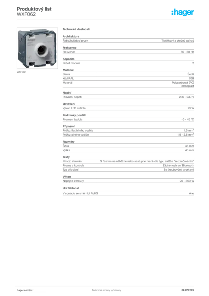 Obrázek Hager Produktový list WXF062 | Hager