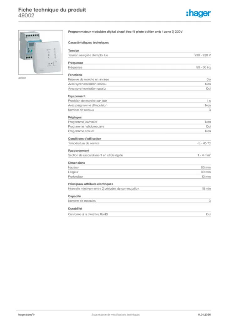 Image Hager Fiche technique du produit 49002 | Hager France
