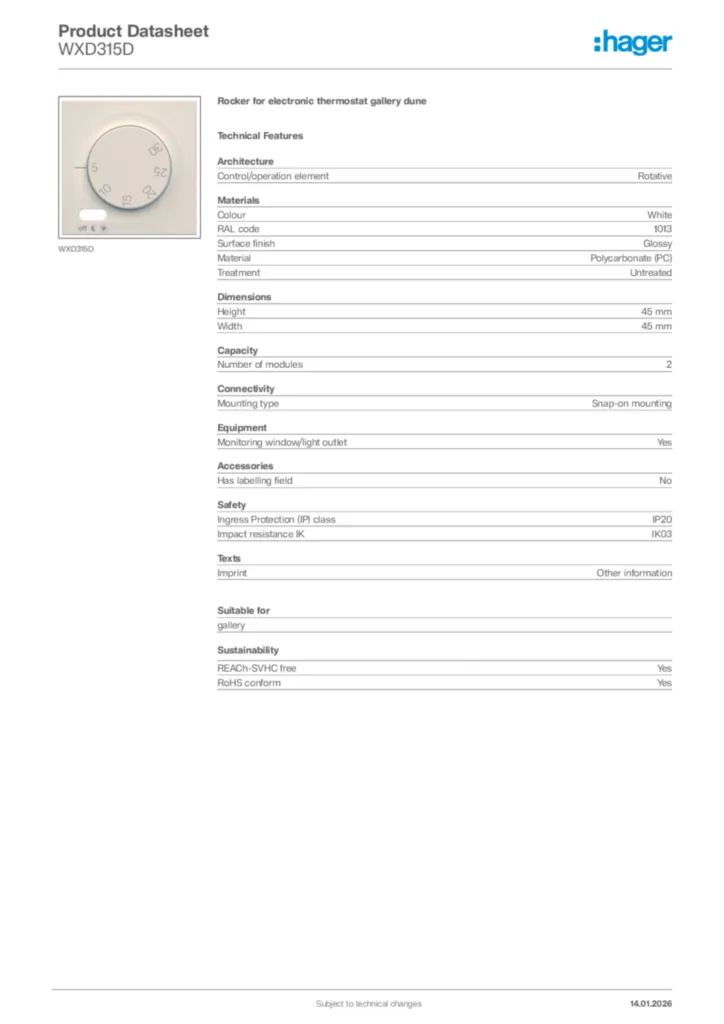 Image Hager Product data sheet WXD315D  | Hager Africa
