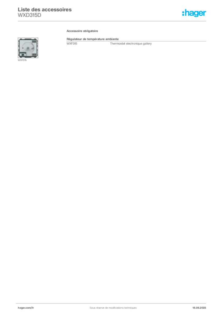 Image Hager Fiche technique du produit WXD315D | Hager France