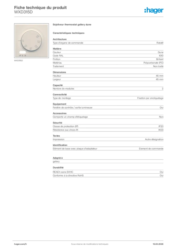 Image Hager Fiche technique du produit WXD315D | Hager France