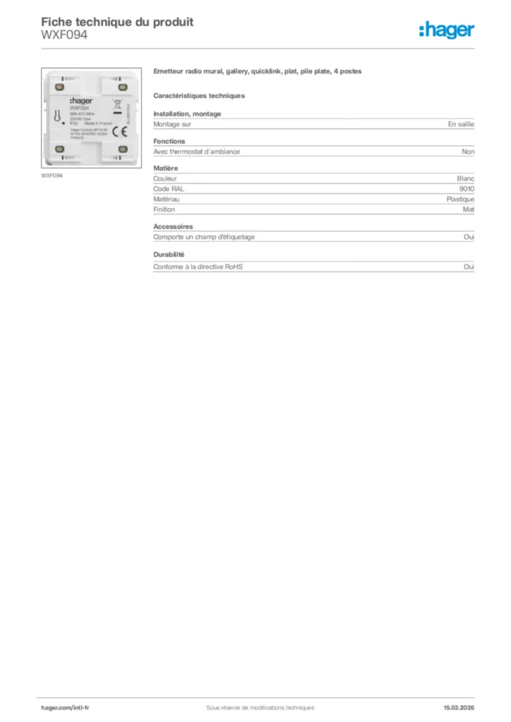 Image Hager Fiche technique du produit WXF094 | Hager Afrique