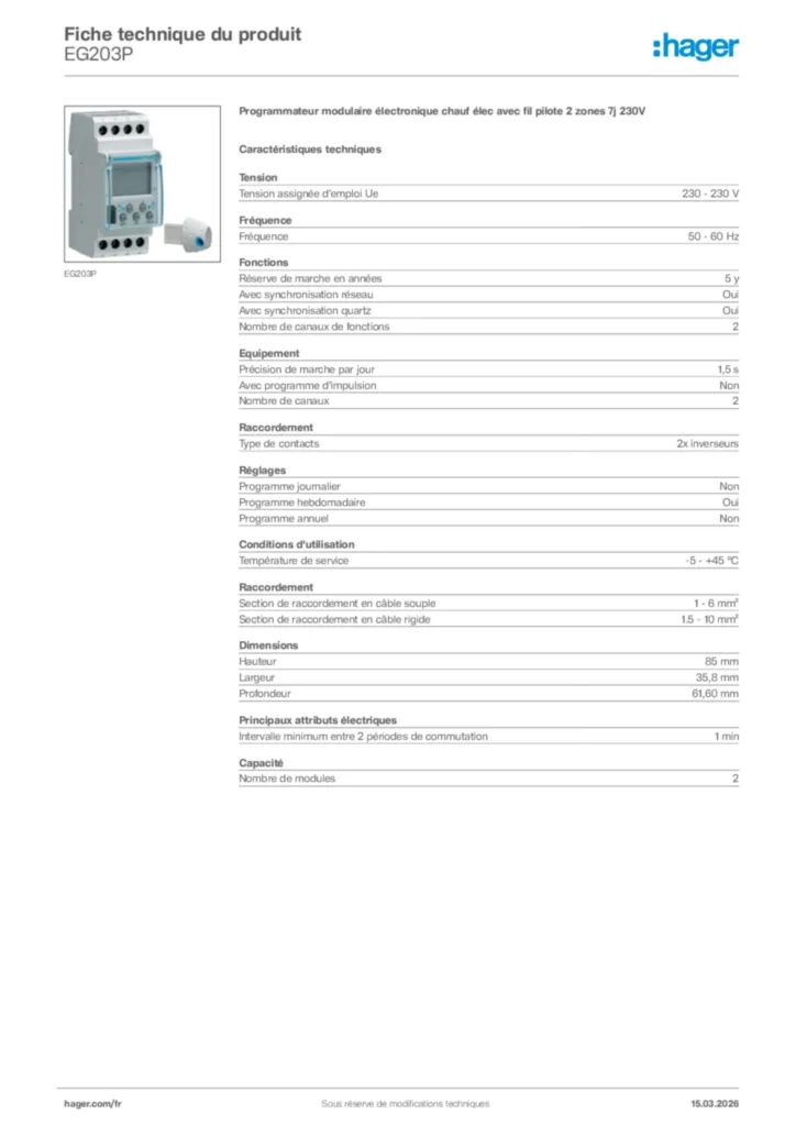 Image Hager Fiche technique du produit EG203P | Hager France