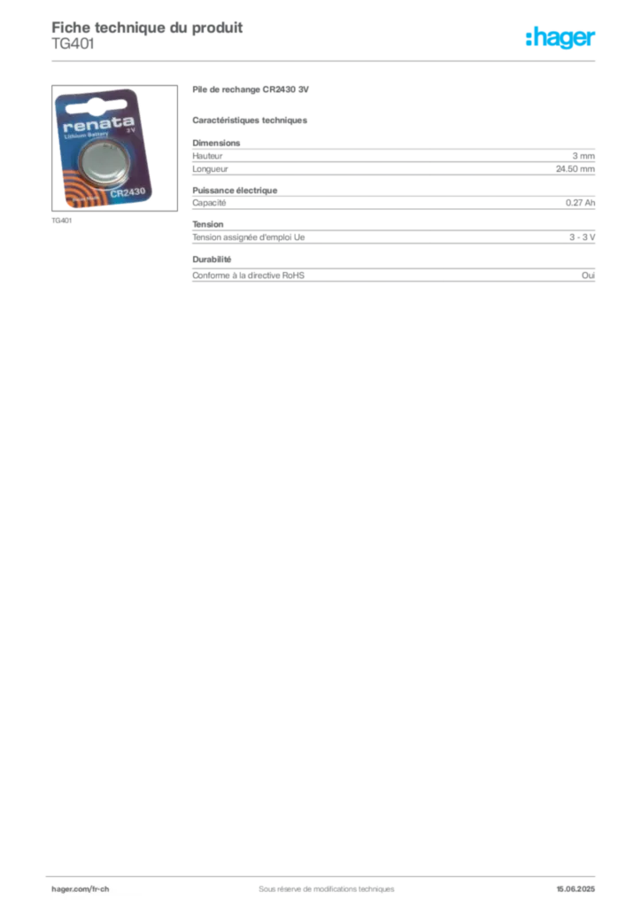 Image Hager Fiche technique du produit TG401 | Hager Suisse