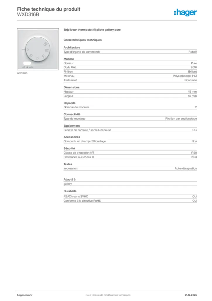 Image Hager Fiche technique du produit WXD316B | Hager France