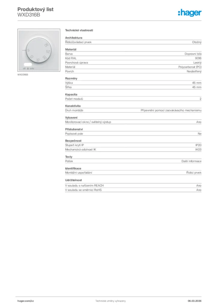 Obrázek Hager Product data sheet WXD316B | Hager