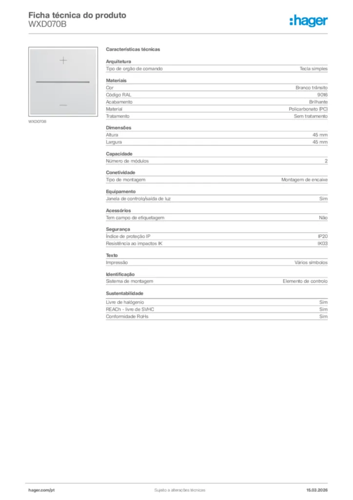 Imagem Hager Ficha técnica do produto WXD070B | Hager Portugal