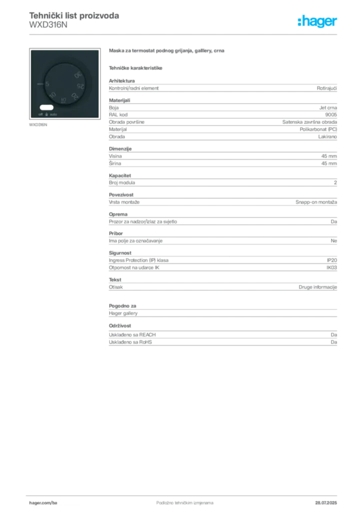 Slika Hager Product data sheet WXD316N  | Hager