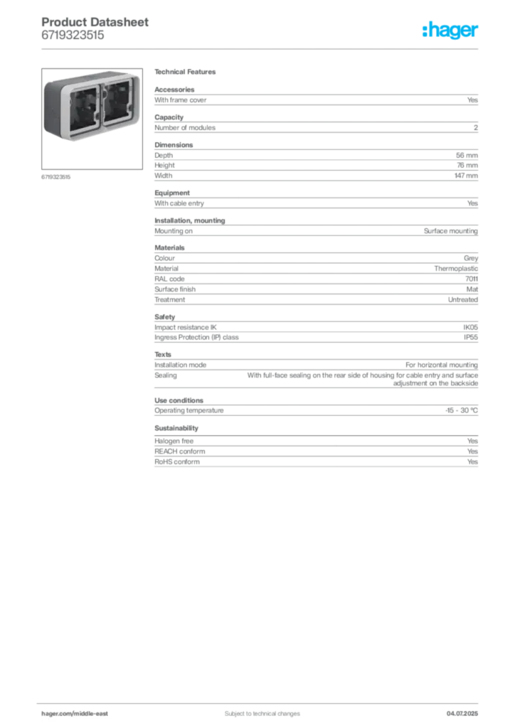 Image Hager Product data sheet 6719323515  | Hager