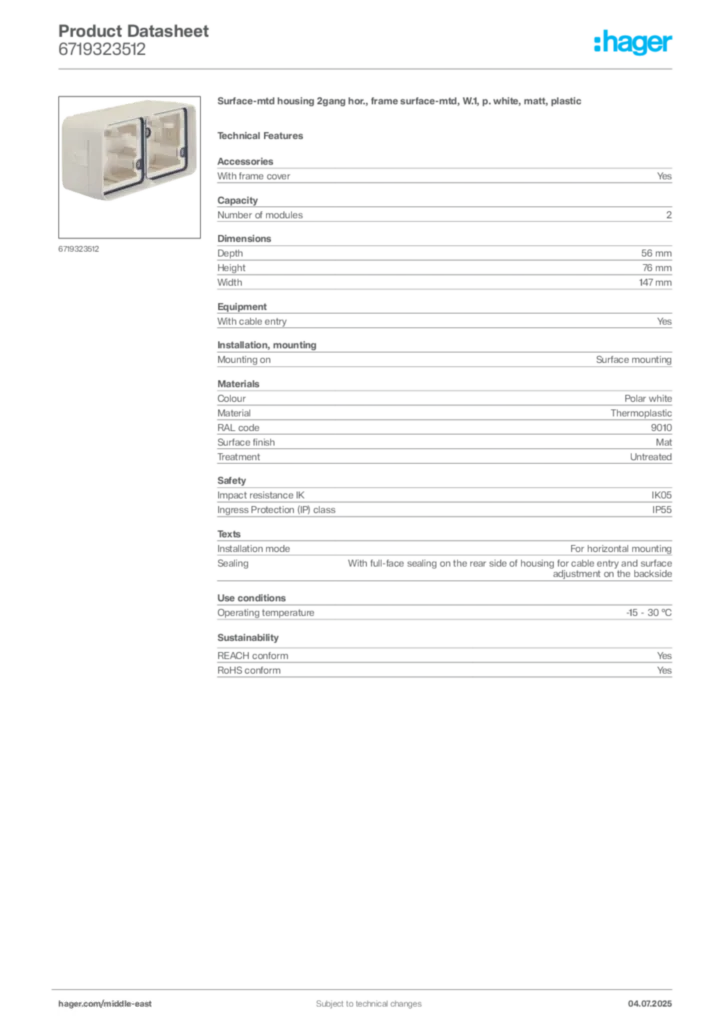 Image Hager Product data sheet 6719323512  | Hager