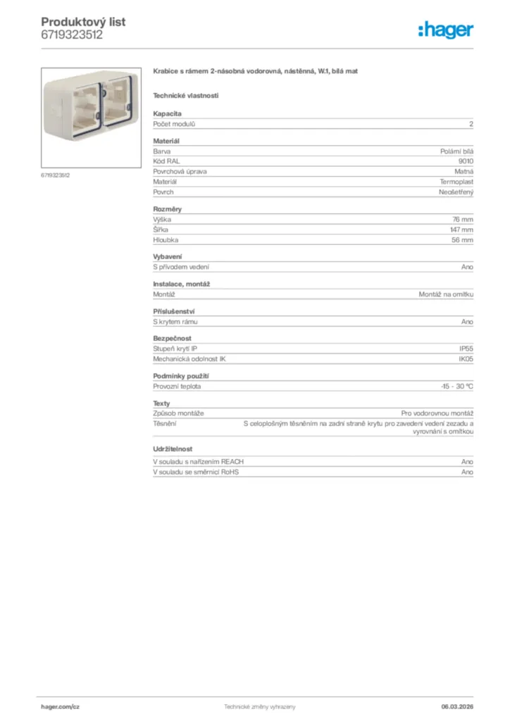 Obrázek Hager Product data sheet 6719323512 | Hager