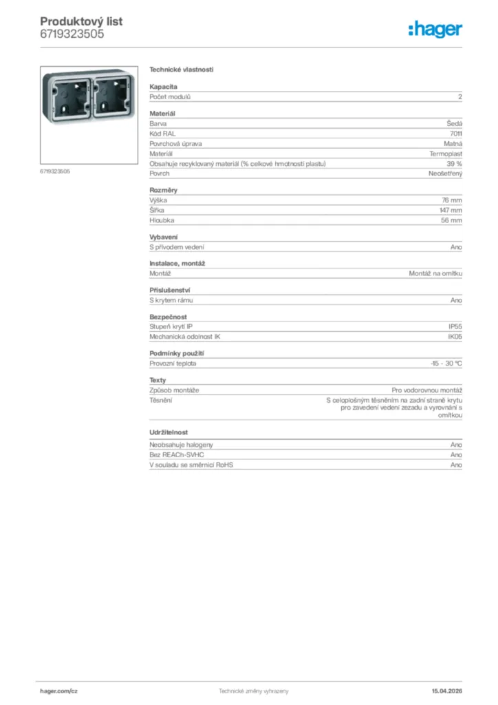 Obrázek Hager Product data sheet 6719323505 | Hager