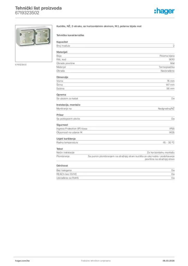 Slika Hager Tehnički list proizvoda 6719323502  | Hager