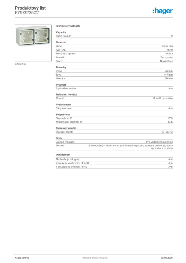 Obrázek Hager Product data sheet 6719323502 | Hager
