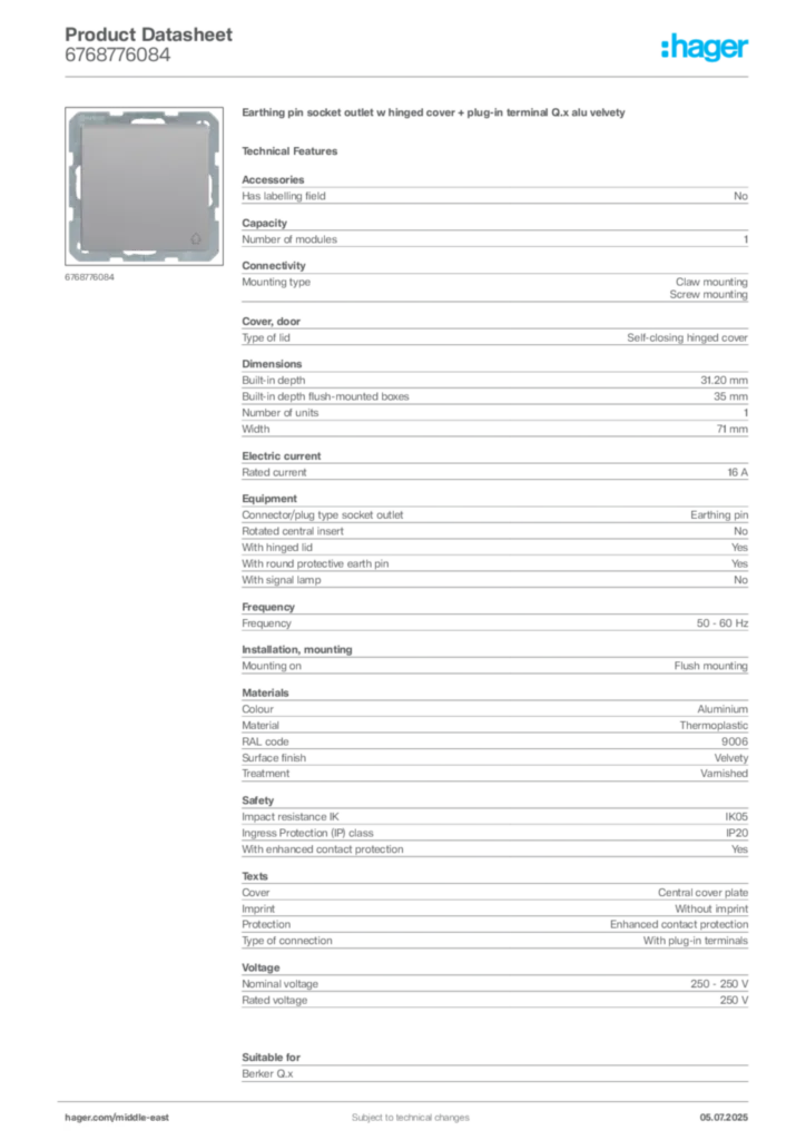 Image Hager Product data sheet 6768776084  | Hager