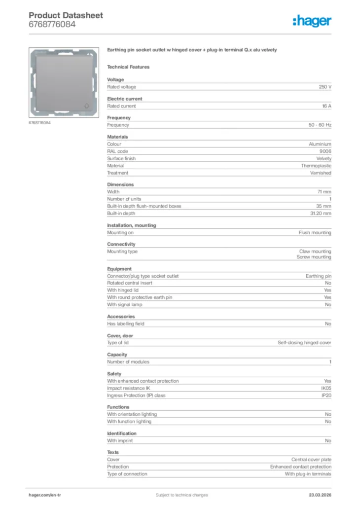 Image Hager Product data sheet 6768776084  | Hager