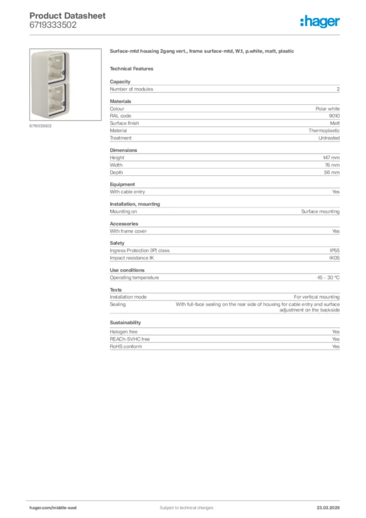 Image Hager Product data sheet 6719333502  | Hager