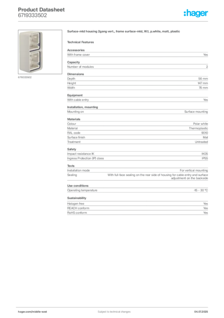 Image Hager Product data sheet 6719333502  | Hager