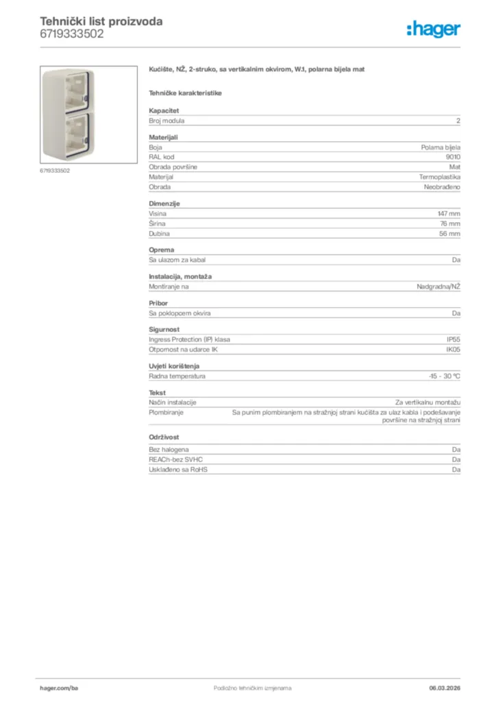 Slika Hager Tehnički list proizvoda 6719333502  | Hager