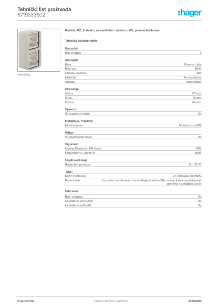 Slika Hager Product data sheet 6719333502  | Hager