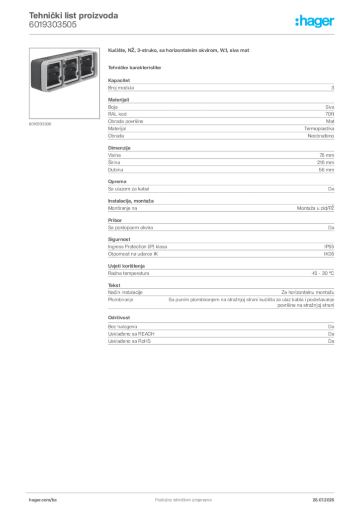Slika Hager Product data sheet 6019303505  | Hager