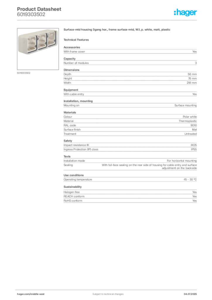 Image Hager Product data sheet 6019303502  | Hager