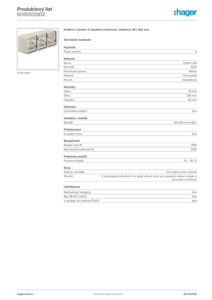 Obrázek Hager Product data sheet 6019303502 | Hager
