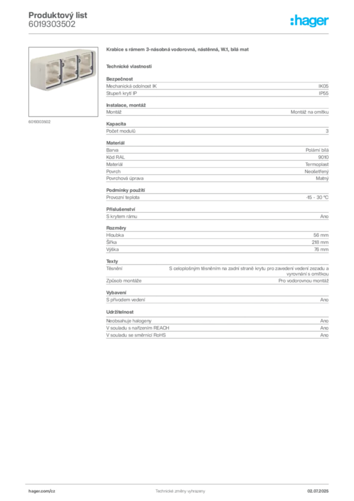 Obrázek Hager Produktový list 6019303502 | Hager