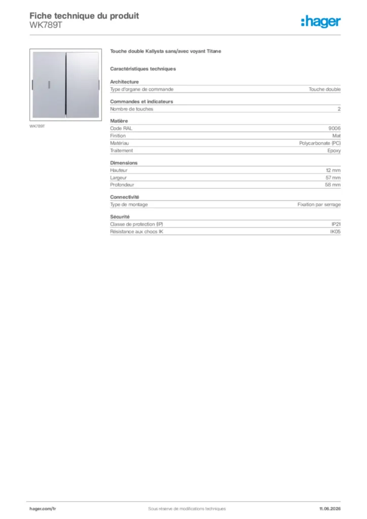 Image Hager Fiche technique du produit WK789T | Hager France