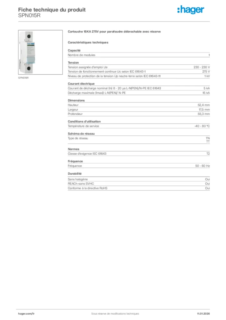 Image Hager Fiche technique du produit SPN015R | Hager France