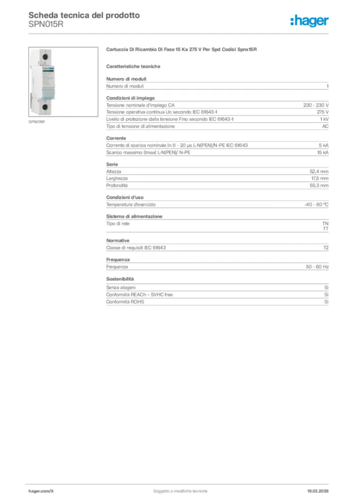 Immagine Hager Scheda tecnica del prodotto SPN015R | Hager Italia