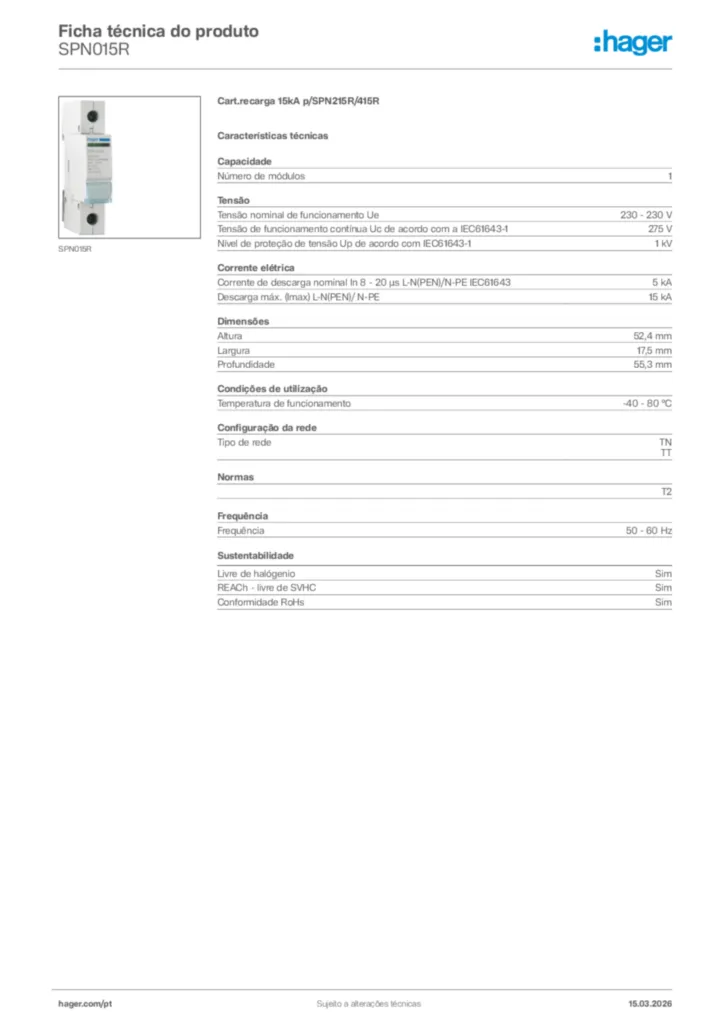 Imagem Hager Ficha técnica do produto SPN015R | Hager Portugal