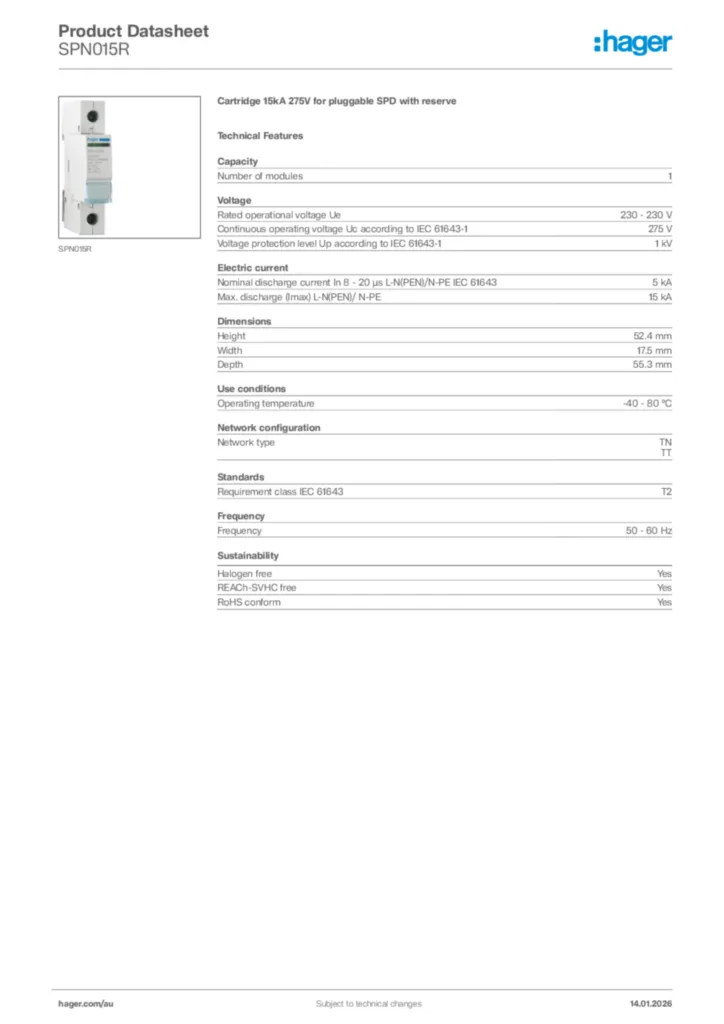 Image Hager Product data sheet SPN015R  | Hager Australia