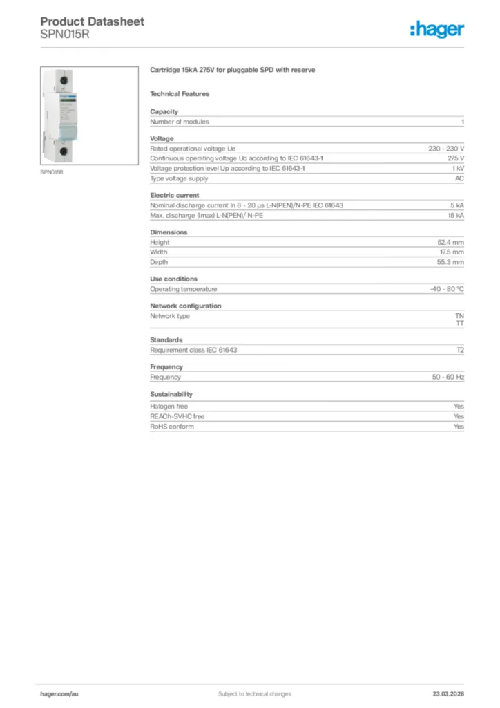 Image Hager Product data sheet SPN015R  | Hager Australia