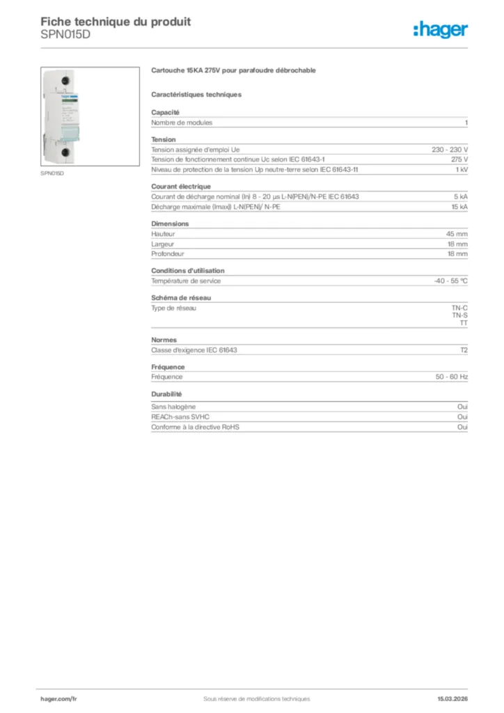 Image Hager Fiche technique du produit SPN015D | Hager France