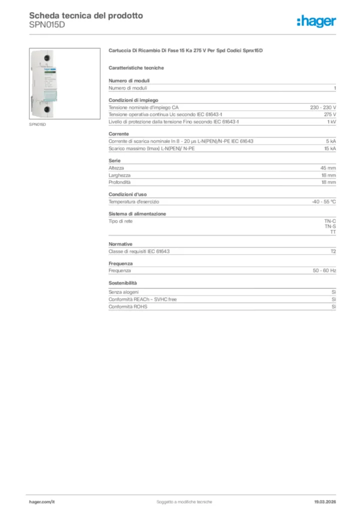 Immagine Hager Scheda tecnica del prodotto SPN015D | Hager Italia