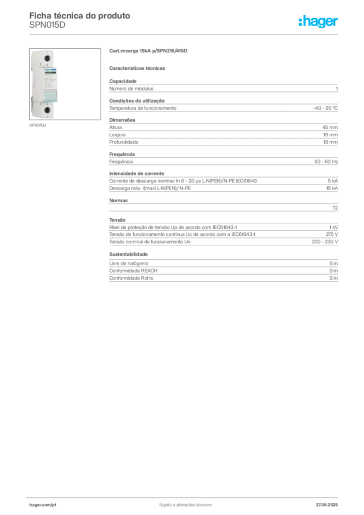 Imagem Hager Ficha técnica do produto SPN015D | Hager Portugal
