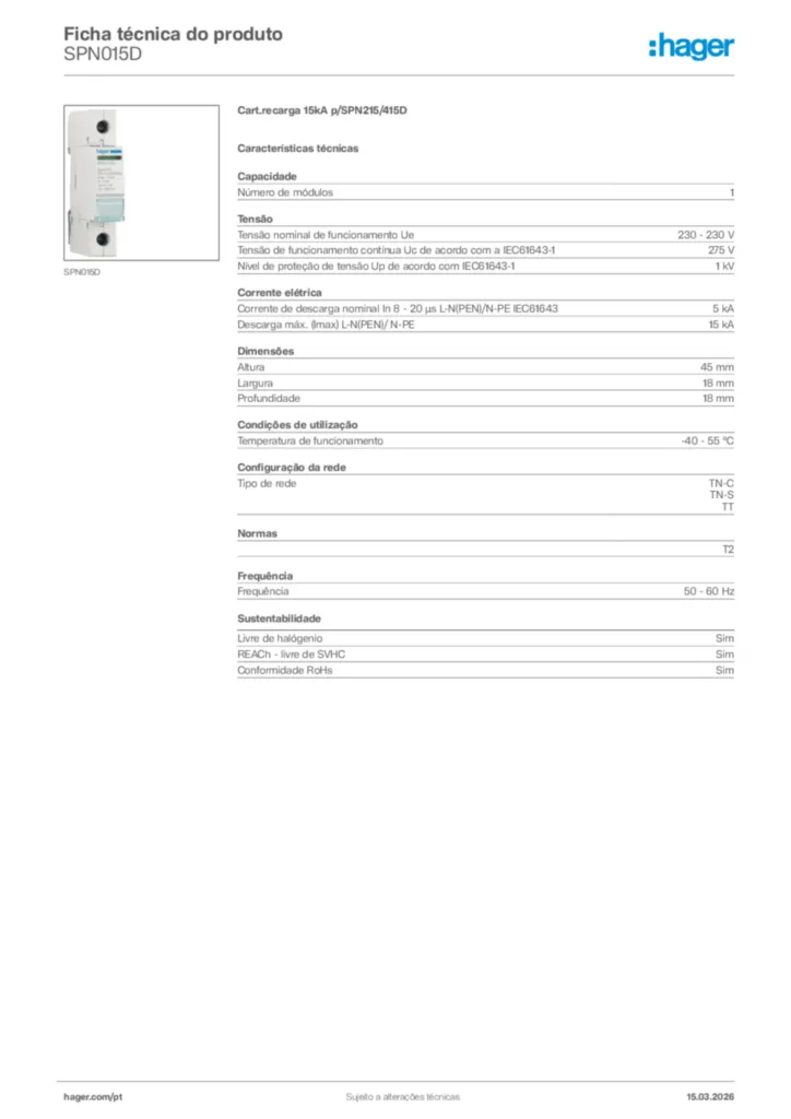 Imagem Hager Ficha técnica do produto SPN015D | Hager Portugal
