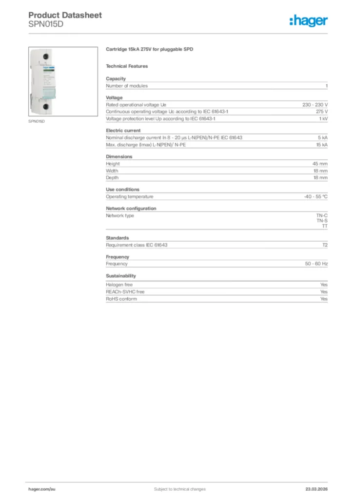 Image Hager Product data sheet SPN015D  | Hager Australia
