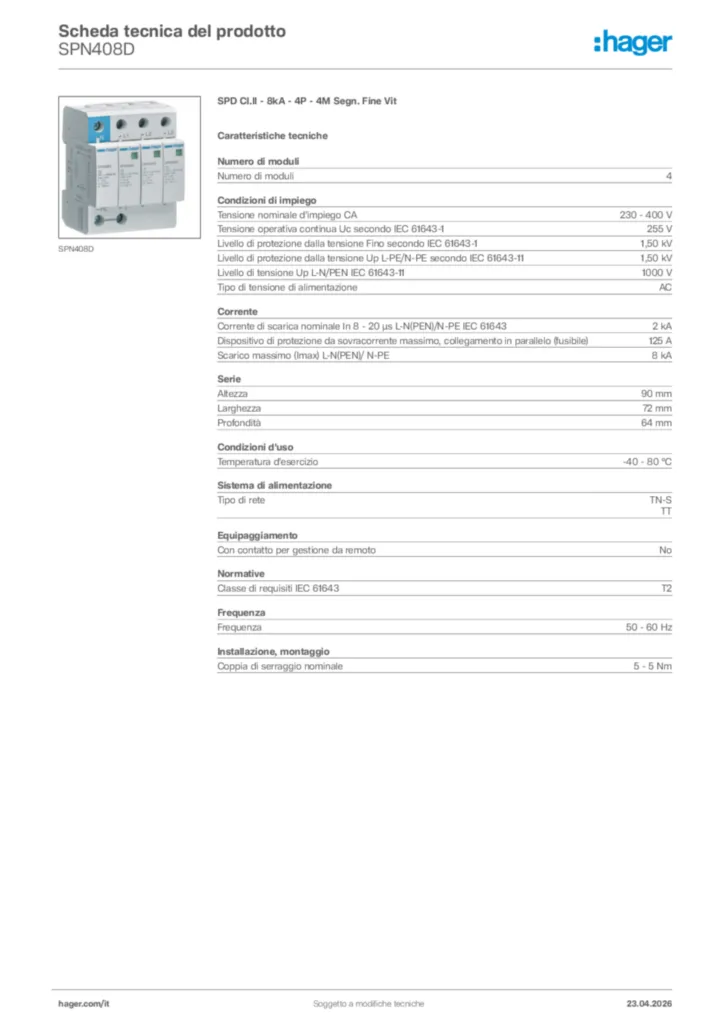Immagine Hager Scheda tecnica del prodotto SPN408D | Hager Italia