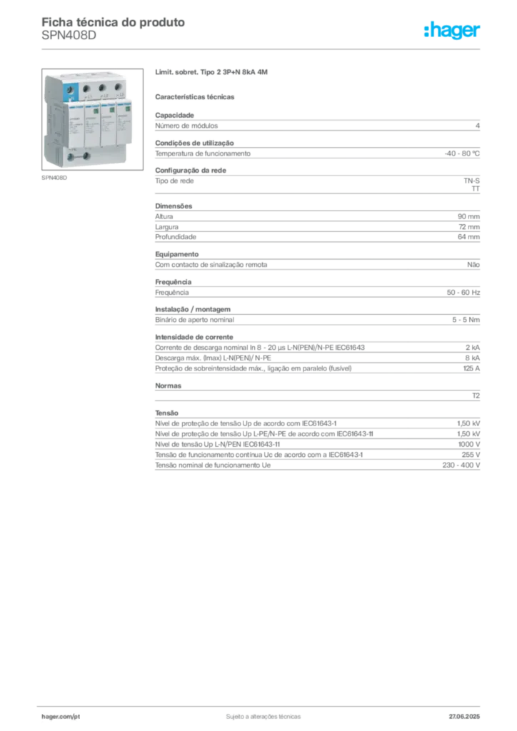 Imagem Hager Ficha técnica do produto SPN408D | Hager Portugal