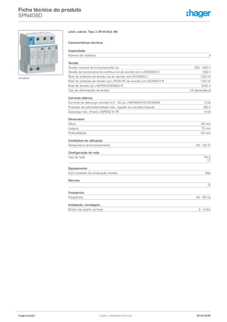 Imagem Hager Ficha técnica do produto SPN408D | Hager Portugal