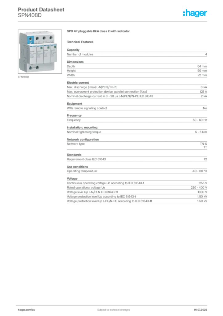 Image Hager Product data sheet SPN408D  | Hager Australia