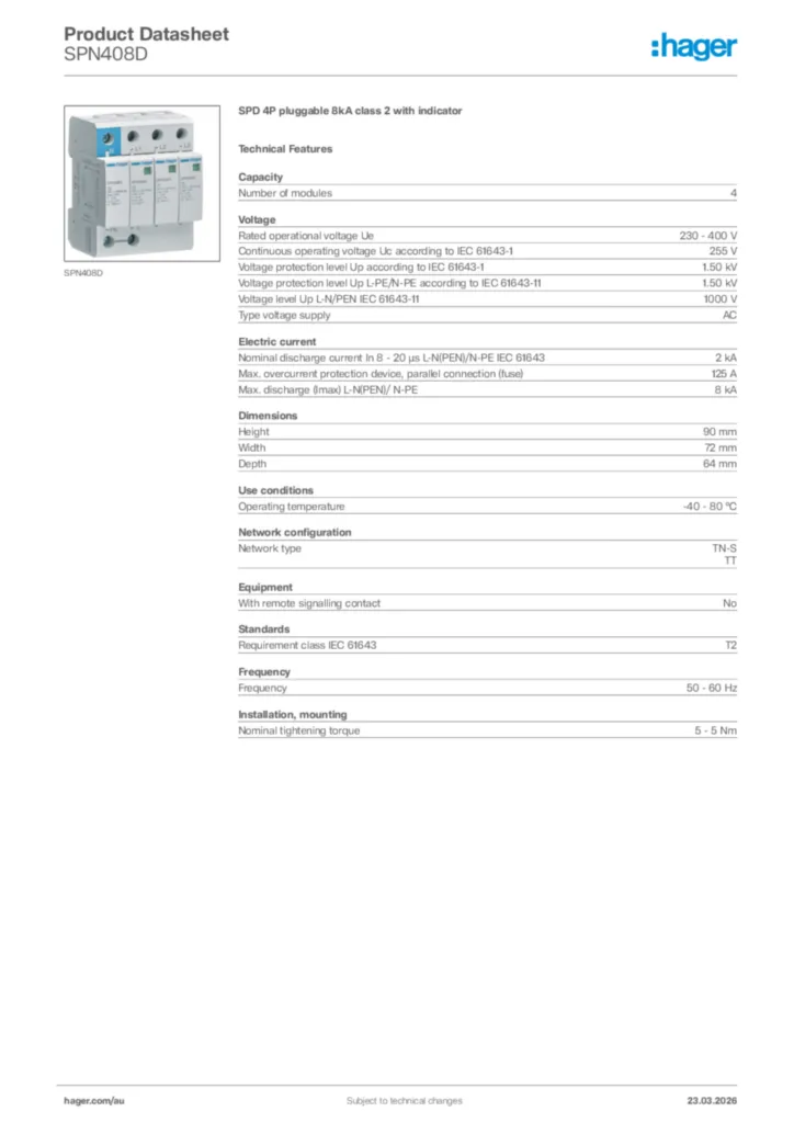 Image Hager Product data sheet SPN408D  | Hager Australia