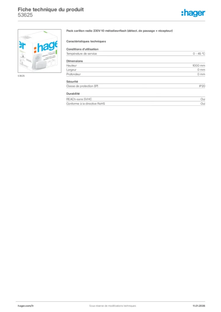 Image Hager Fiche technique du produit 53625 | Hager France