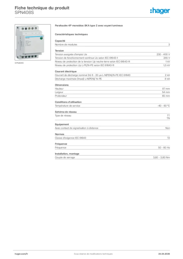 Image Hager Fiche technique du produit SPN408S | Hager France