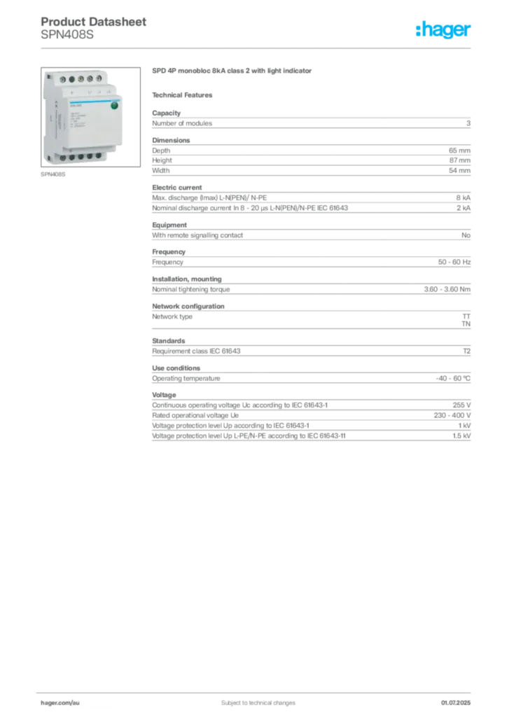 Image Hager Product data sheet SPN408S  | Hager Australia