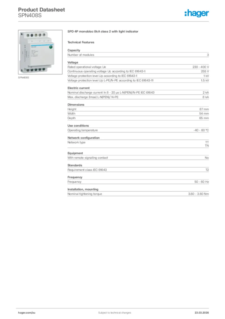 Image Hager Product data sheet SPN408S  | Hager Australia
