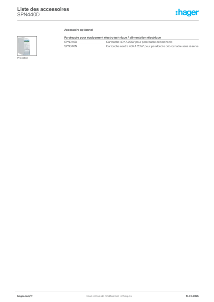 Image Hager Fiche technique du produit SPN440D | Hager France