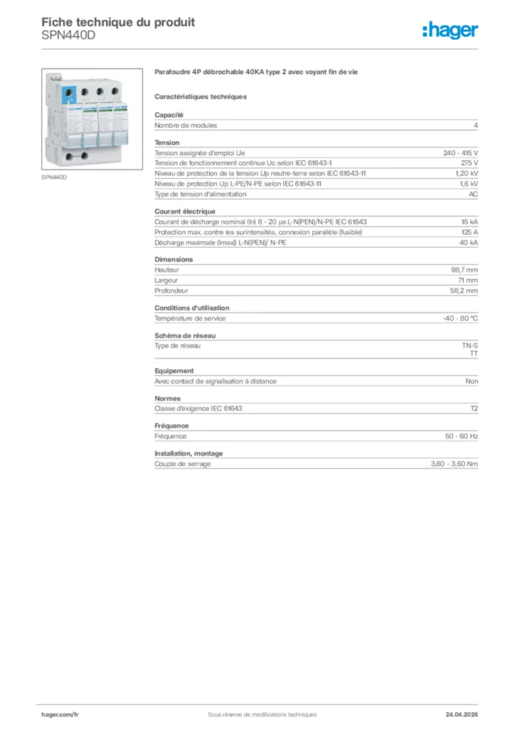 Image Hager Fiche technique du produit SPN440D | Hager France